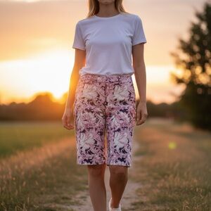 Talbots women’s floral shorts in a beautiful pink, navy and cream print. Size 16